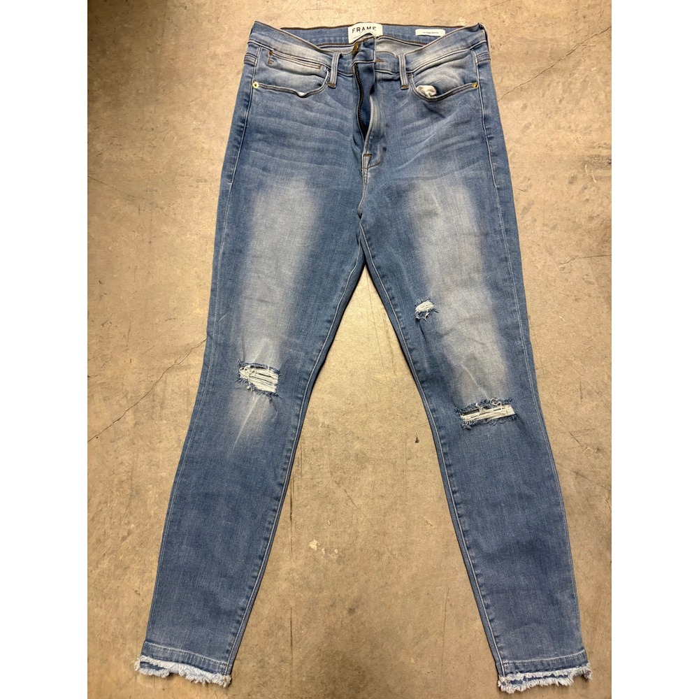 FRAME Le High Skinny Distressed Jeans Light Wash Frayed Hem Size 30